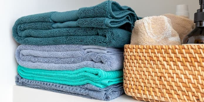 green blue and purple bath towels