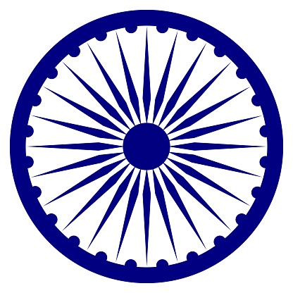 The Ashoka Chakra vector icon in a navy blue color on a white background