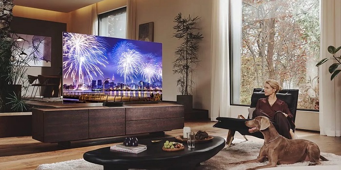picture of a woman sitting in a living room in front  a big smart tv with her dog beside her