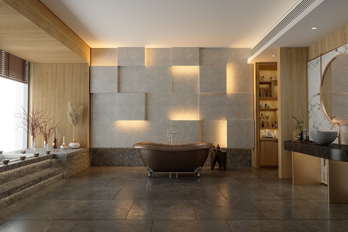 Elegant Modern Bathroom Interior With Marble Flooring, Brown Bathtub and Sink On Countertop