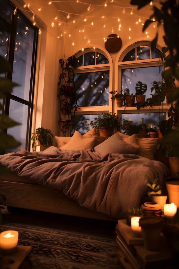 cozy room with bed, candles, hanging plants